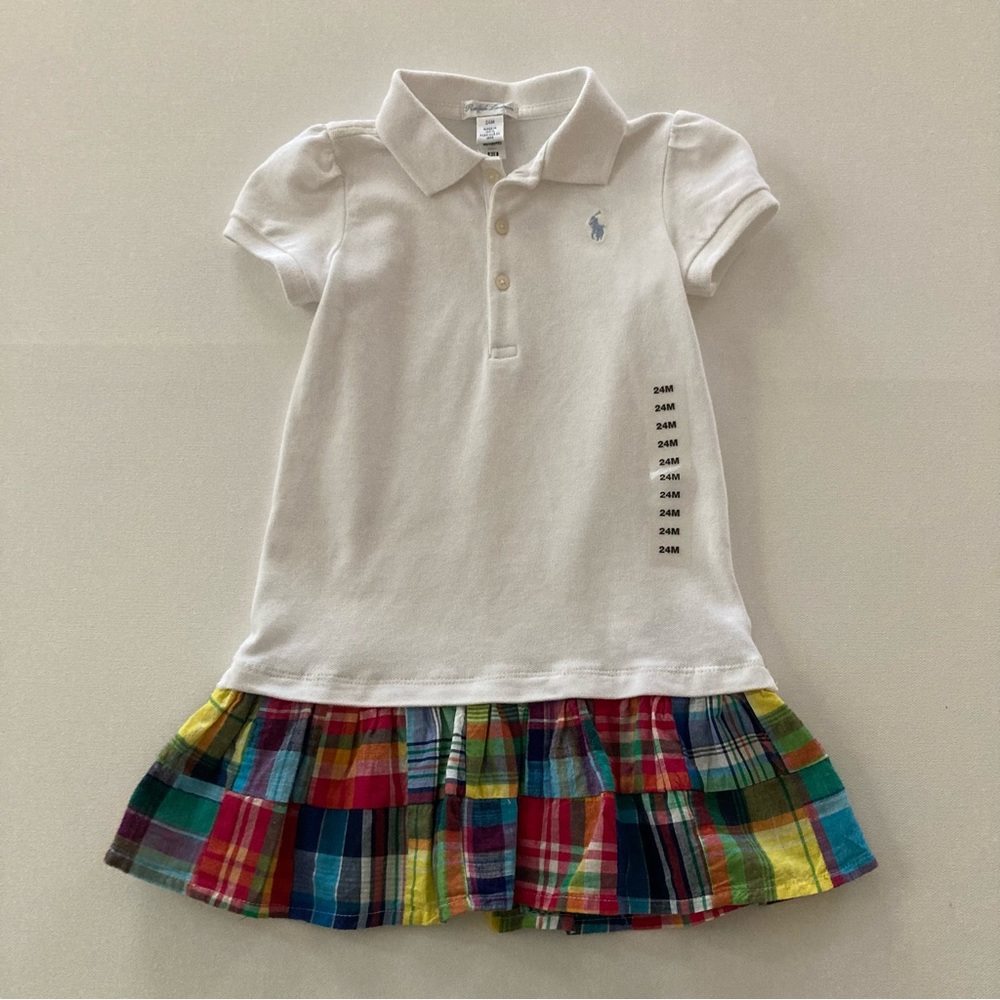 Ralph Lauren Baby Girl 24 Months White Polo Dress Plaid Trim Ruffle Spring